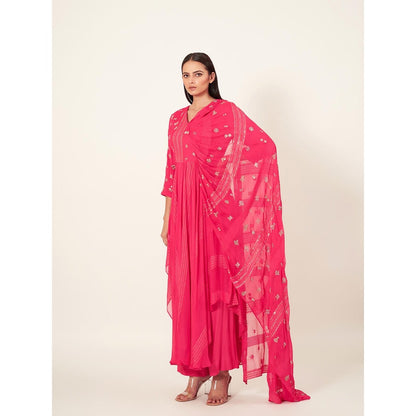 Neha Tarun Pink Embroidered Kurta with Attached Pallu and Pant (Set of 2)