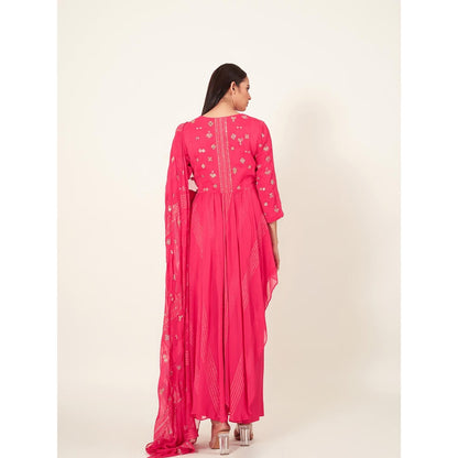 Neha Tarun Pink Embroidered Kurta with Attached Pallu and Pant (Set of 2)