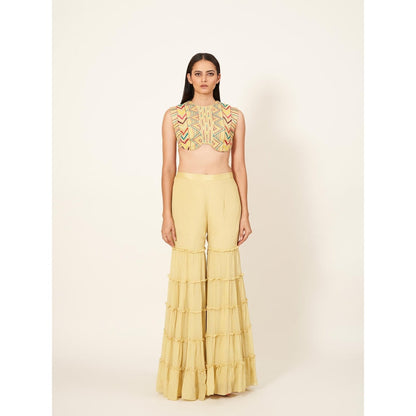 Neha Tarun Yellow Embroidered Micro Blouse with Gharara Pants (Set of 2)