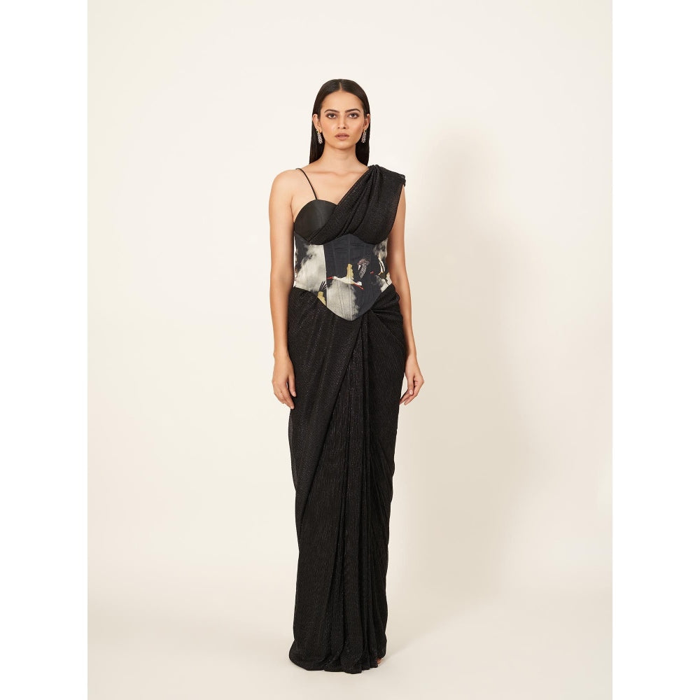 Neha Tarun Black Shimmered Saree with Stitched Blouse and Corset Belt