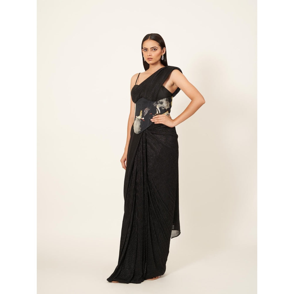 Neha Tarun Black Shimmered Saree with Stitched Blouse and Corset Belt
