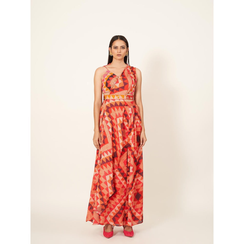 Neha Tarun Printed Slit Stitch Saree with Sequenced Strap Blouse and Sequenced Belt