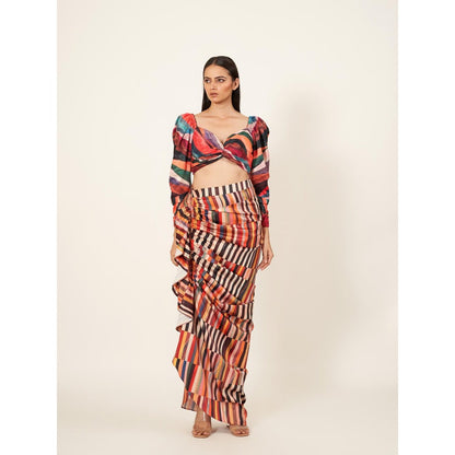 Neha Tarun Stripes Printed Blouse with Pull-Up Skirt (Set of 2)