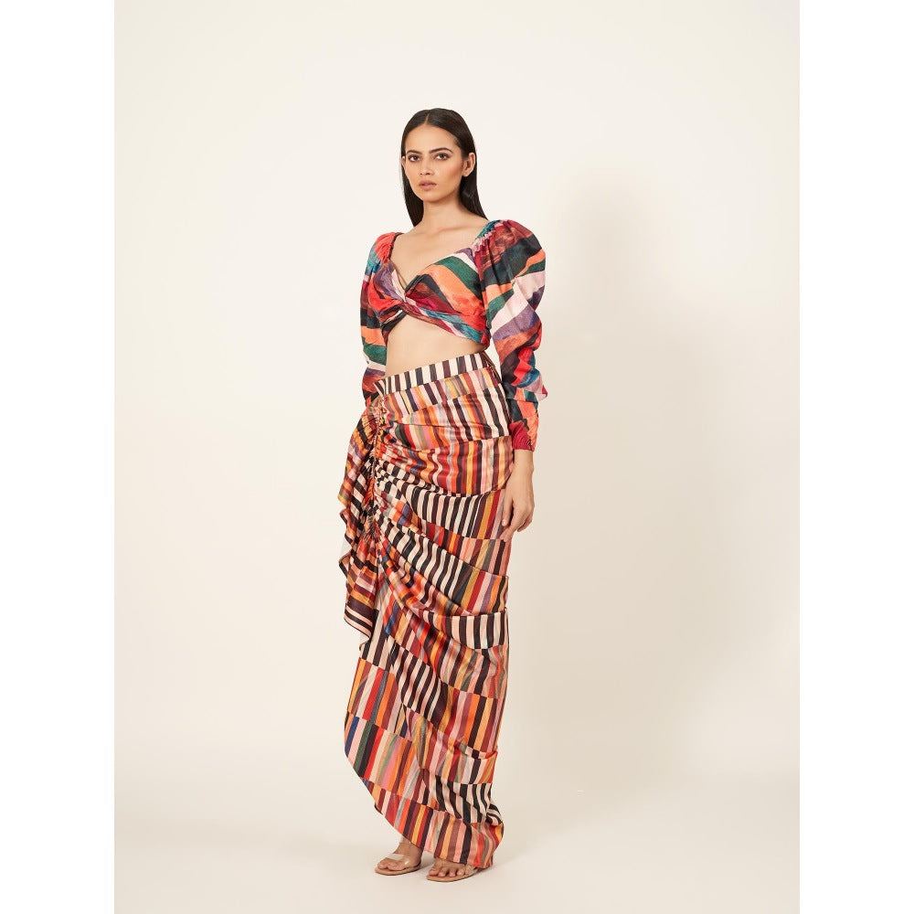 Neha Tarun Stripes Printed Blouse with Pull-Up Skirt (Set of 2)