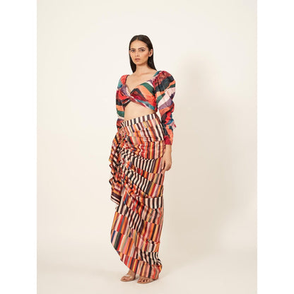 Neha Tarun Stripes Printed Blouse with Pull-Up Skirt (Set of 2)