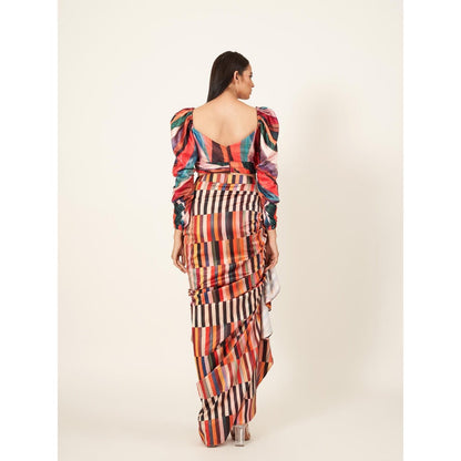 Neha Tarun Stripes Printed Blouse with Pull-Up Skirt (Set of 2)