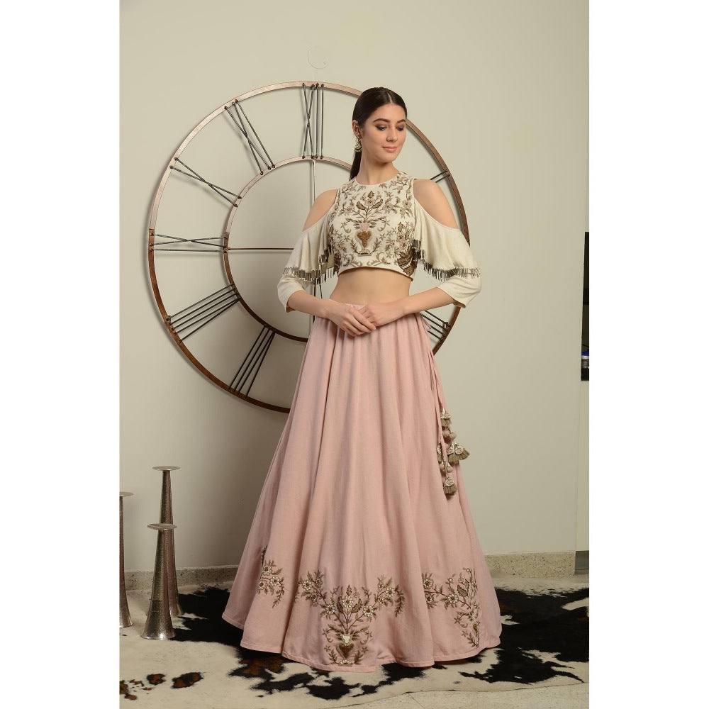 Neha Tarun Ivory Color Blouse with Hand Embroidery Pink Skirt (Set of 2)