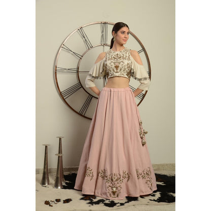 Neha Tarun Ivory Color Blouse with Hand Embroidery Pink Skirt (Set of 2)