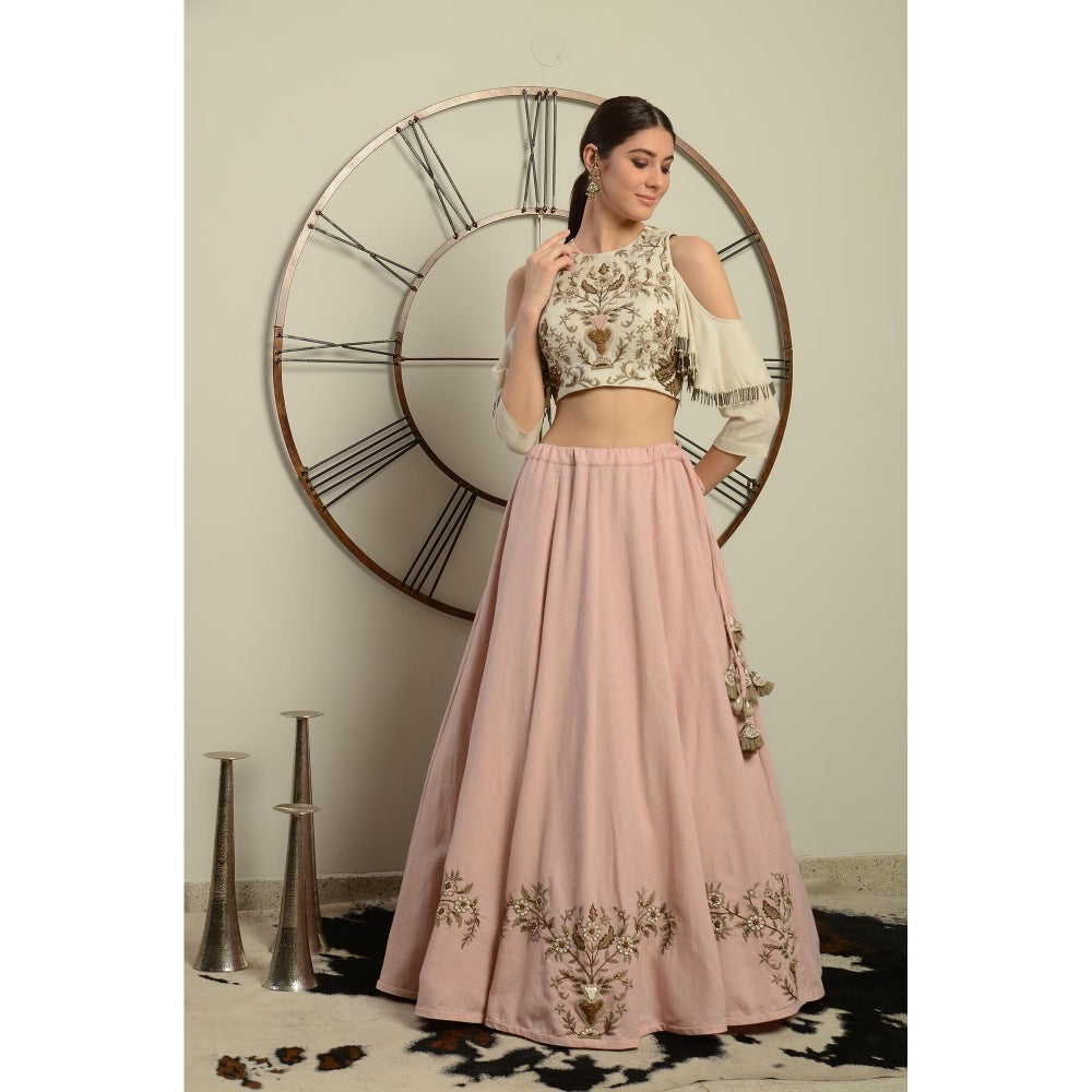 Neha Tarun Ivory Color Blouse with Hand Embroidery Pink Skirt (Set of 2)
