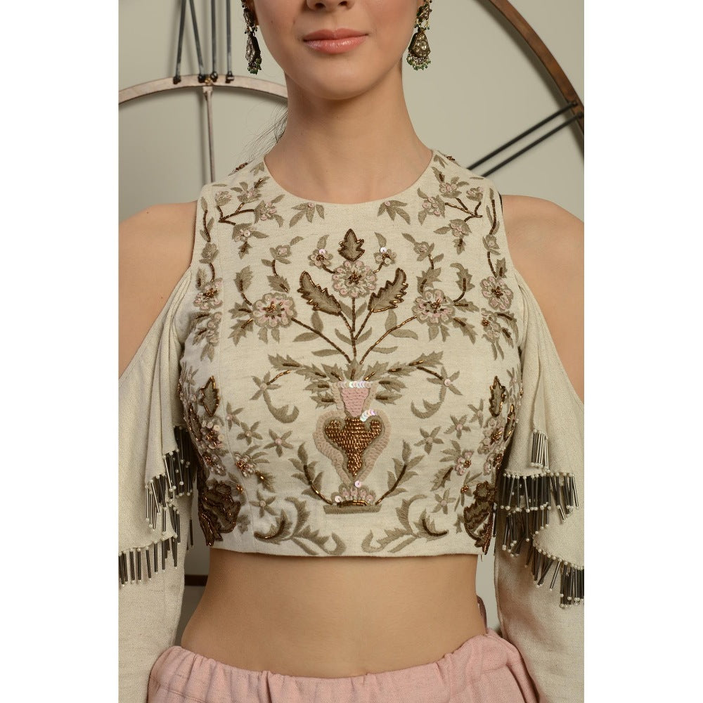 Neha Tarun Ivory Color Blouse with Hand Embroidery Pink Skirt (Set of 2)