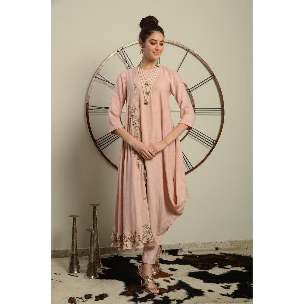 Neha Tarun Pink Drape Kurta with Straight Pants (Set of 2)