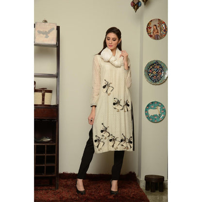 Neha Tarun Ivory Mughal Embroidery Embellished Kurta with Churidar and Dupatta (Set of 3)
