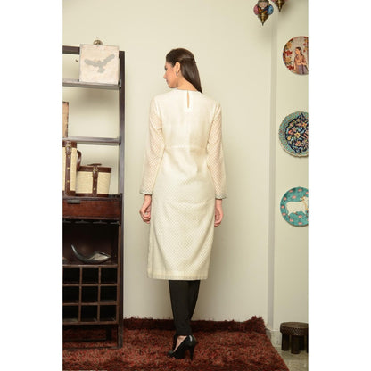Neha Tarun Ivory Mughal Embroidery Embellished Kurta with Churidar and Dupatta (Set of 3)