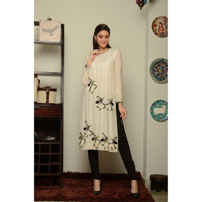 Neha Tarun Ivory Mughal Embroidery Embellished Kurta with Churidar and Dupatta (Set of 3)