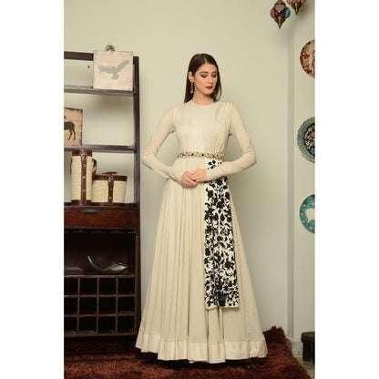 Neha Tarun Ivory Anarkali Kurta with Embroidered Dupatta and Belt (Set of 3)
