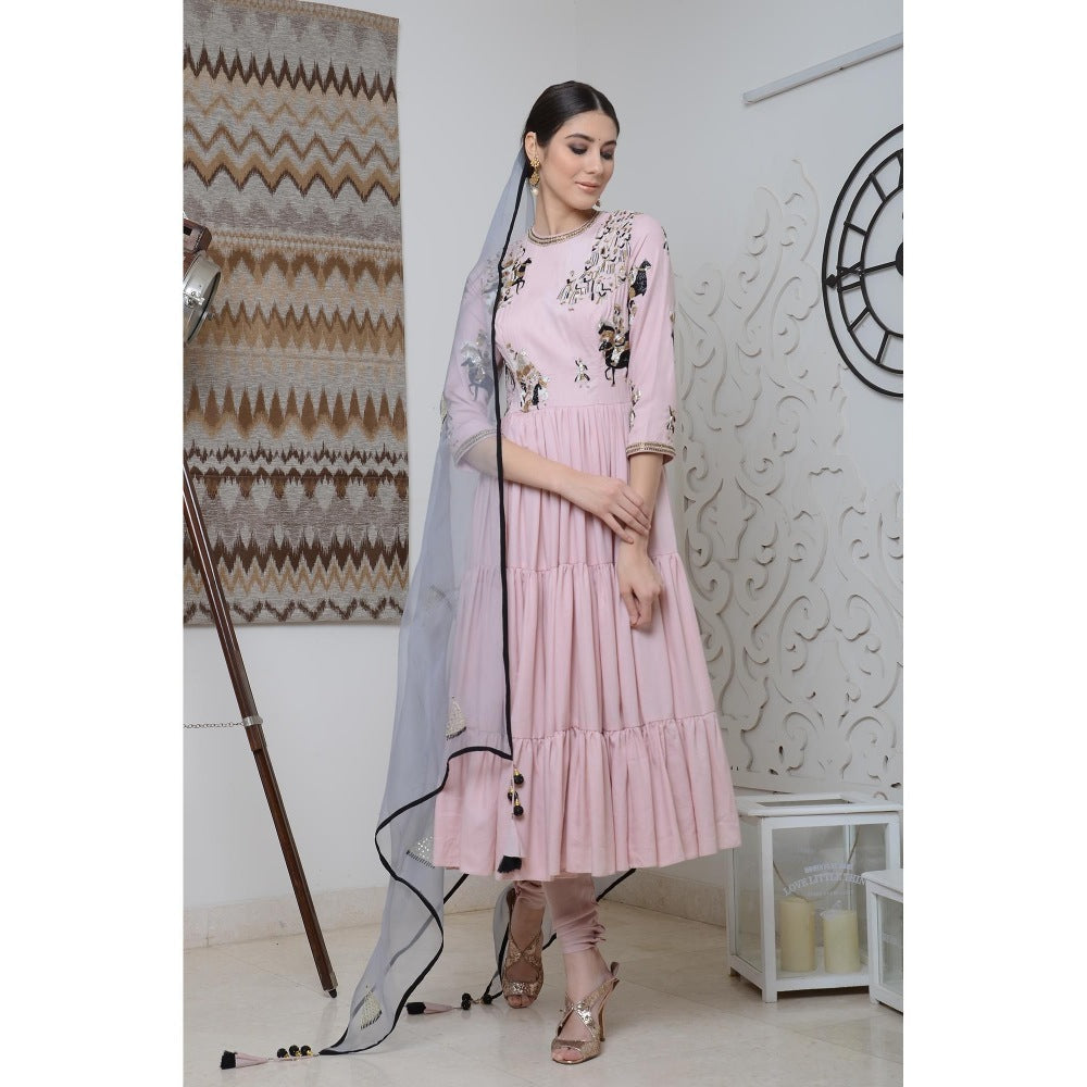 Neha Tarun Pink Triple Layer Embellished Anarkali Kurta with Churidar and Dupatta (Set of 3)