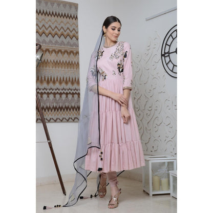 Neha Tarun Pink Triple Layer Embellished Anarkali Kurta with Churidar and Dupatta (Set of 3)