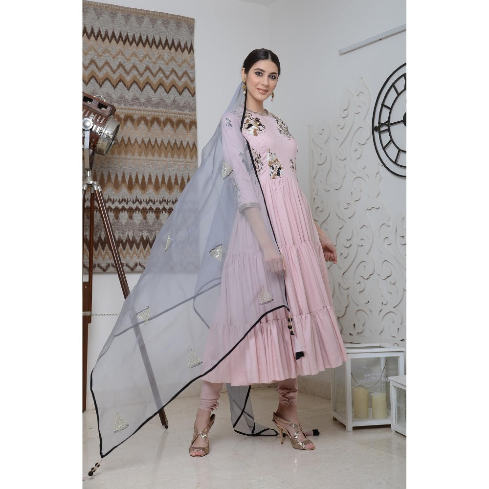 Neha Tarun Pink Triple Layer Embellished Anarkali Kurta with Churidar and Dupatta (Set of 3)