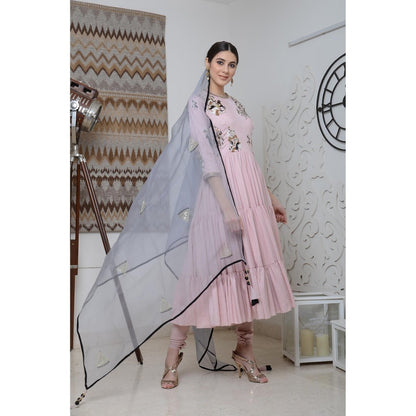 Neha Tarun Pink Triple Layer Embellished Anarkali Kurta with Churidar and Dupatta (Set of 3)