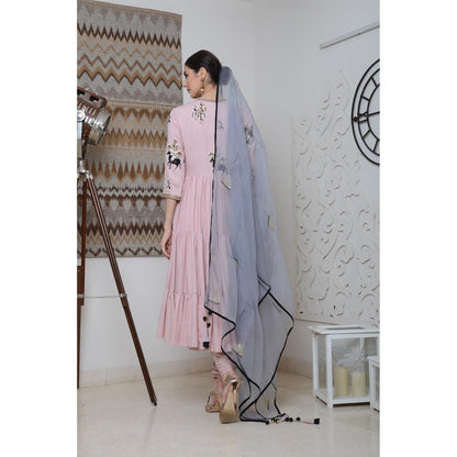 Neha Tarun Pink Triple Layer Embellished Anarkali Kurta with Churidar and Dupatta (Set of 3)