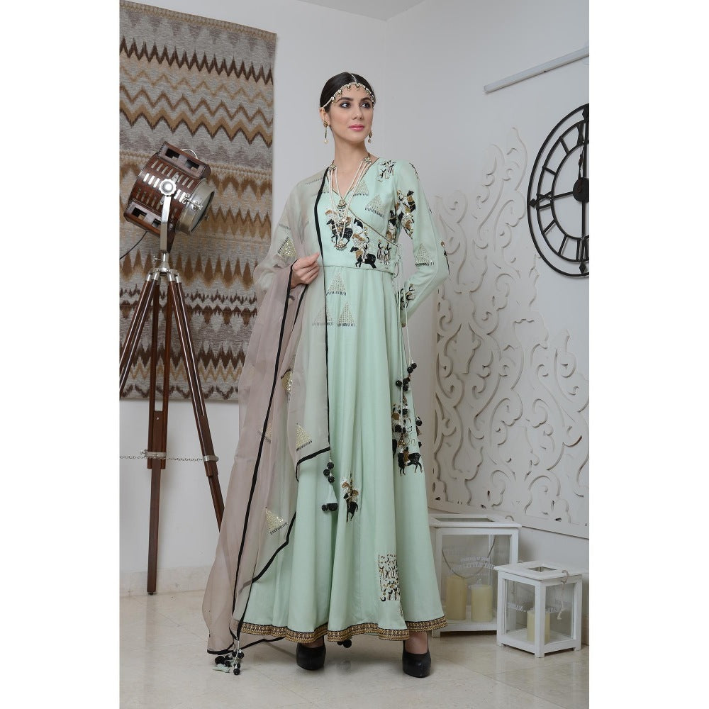 Neha Tarun Green Embellished Angarkha Kurta with Pant and Dupatta (Set of 3)