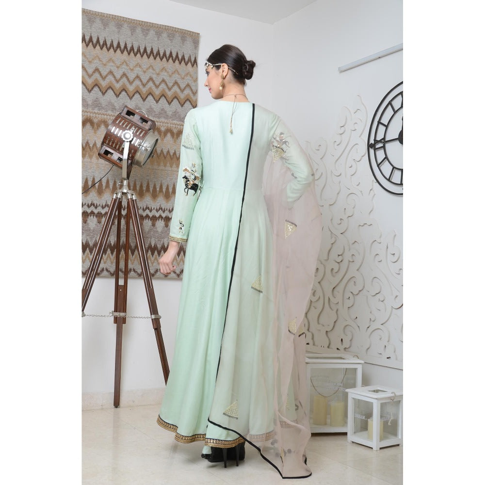 Neha Tarun Green Embellished Angarkha Kurta with Pant and Dupatta (Set of 3)