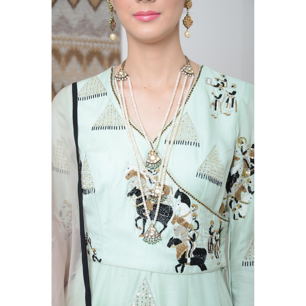 Neha Tarun Green Embellished Angarkha Kurta with Pant and Dupatta (Set of 3)