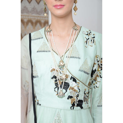 Neha Tarun Green Embellished Angarkha Kurta with Pant and Dupatta (Set of 3)