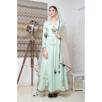 Neha Tarun Green Embellished Angarkha Kurta with Pant and Dupatta (Set of 3)