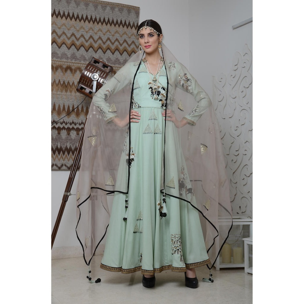 Neha Tarun Green Embellished Angarkha Kurta with Pant and Dupatta (Set of 3)