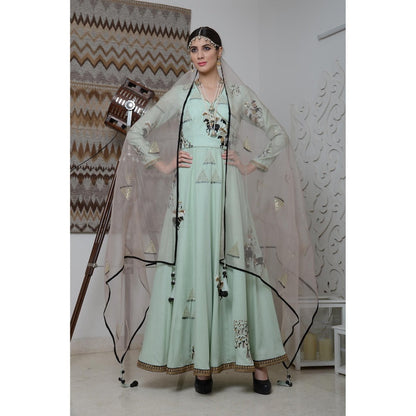 Neha Tarun Green Embellished Angarkha Kurta with Pant and Dupatta (Set of 3)
