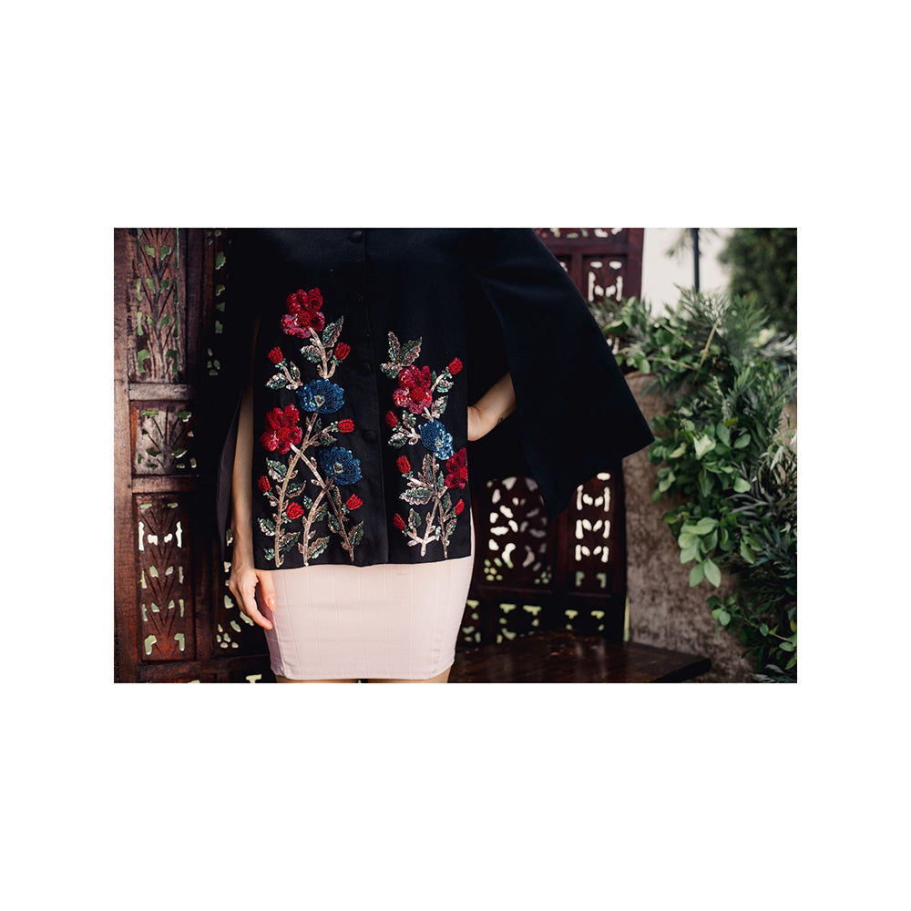 NEIZA Black with Red and Navy Embroidery Cape