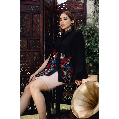 NEIZA Black with Red and Navy Embroidery Cape