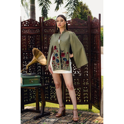 NEIZA Olive Green Pink with Red and Navy Embroidery Cape