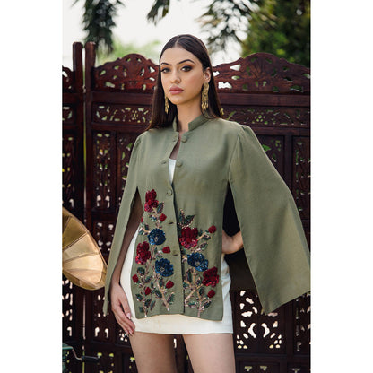 NEIZA Olive Green Pink with Red and Navy Embroidery Cape