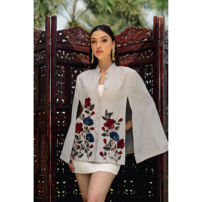 NEIZA Grey Pink with Red and Navy Embroidery Cape