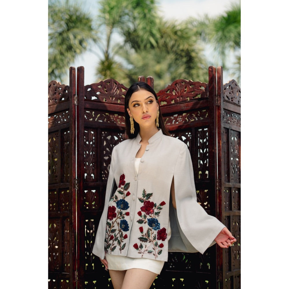 NEIZA Grey Pink with Red and Navy Embroidery Cape