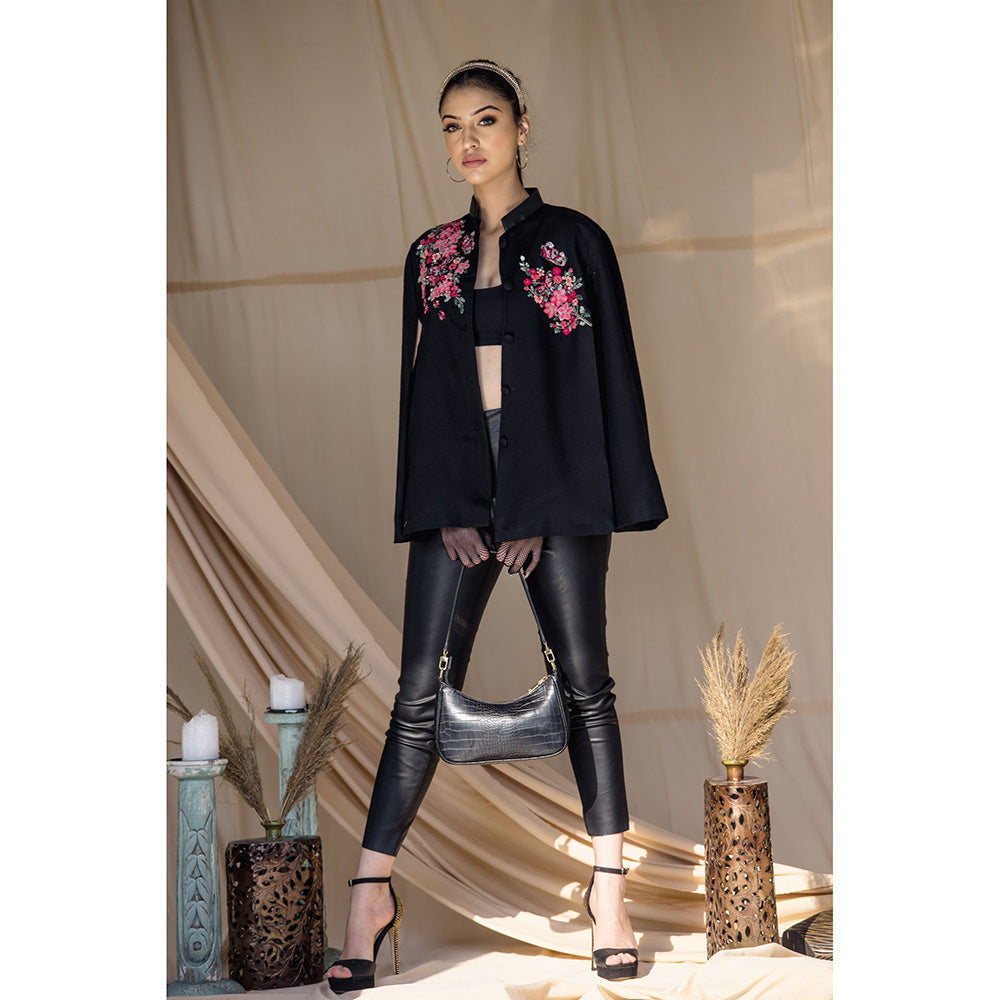 NEIZA Black with Neon Fuchsia Butterfly Embroidery Cape