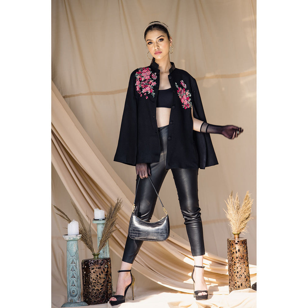 NEIZA Black with Neon Fuchsia Butterfly Embroidery Cape