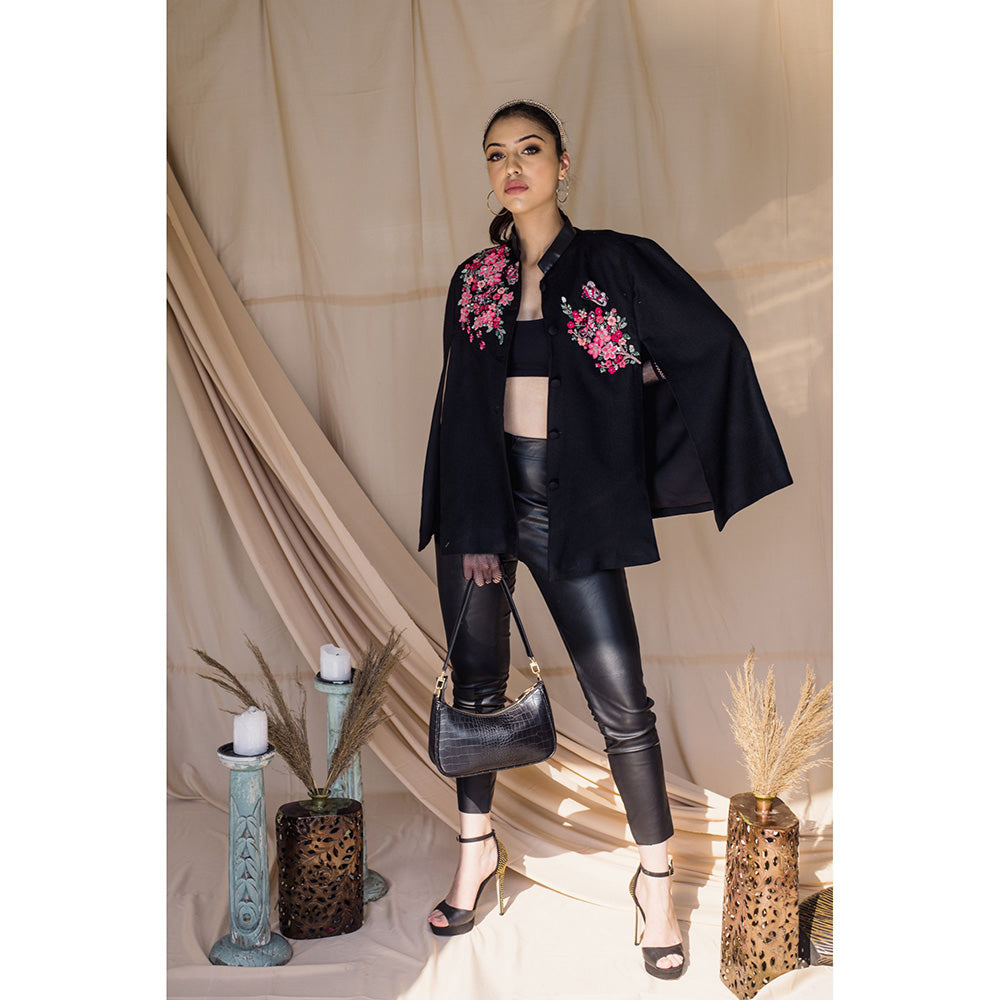 NEIZA Black with Neon Fuchsia Butterfly Embroidery Cape