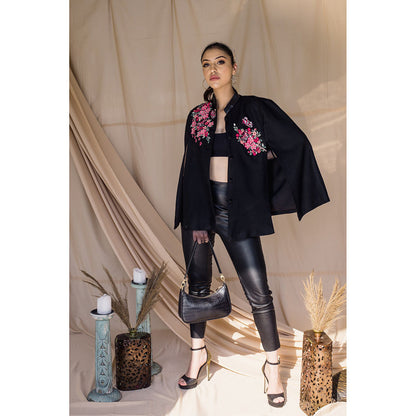 NEIZA Black with Neon Fuchsia Butterfly Embroidery Cape