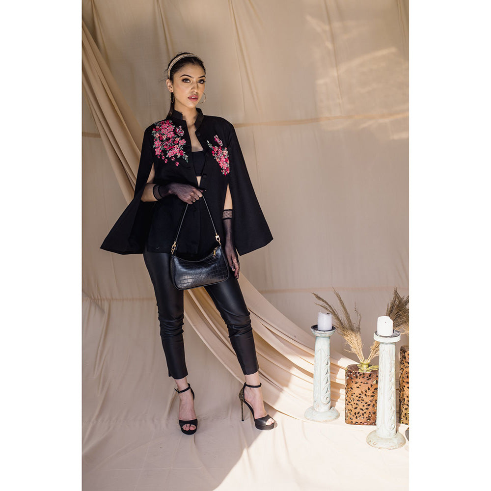 NEIZA Black with Neon Fuchsia Butterfly Embroidery Cape