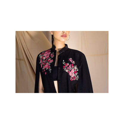NEIZA Black with Neon Fuchsia Butterfly Embroidery Cape
