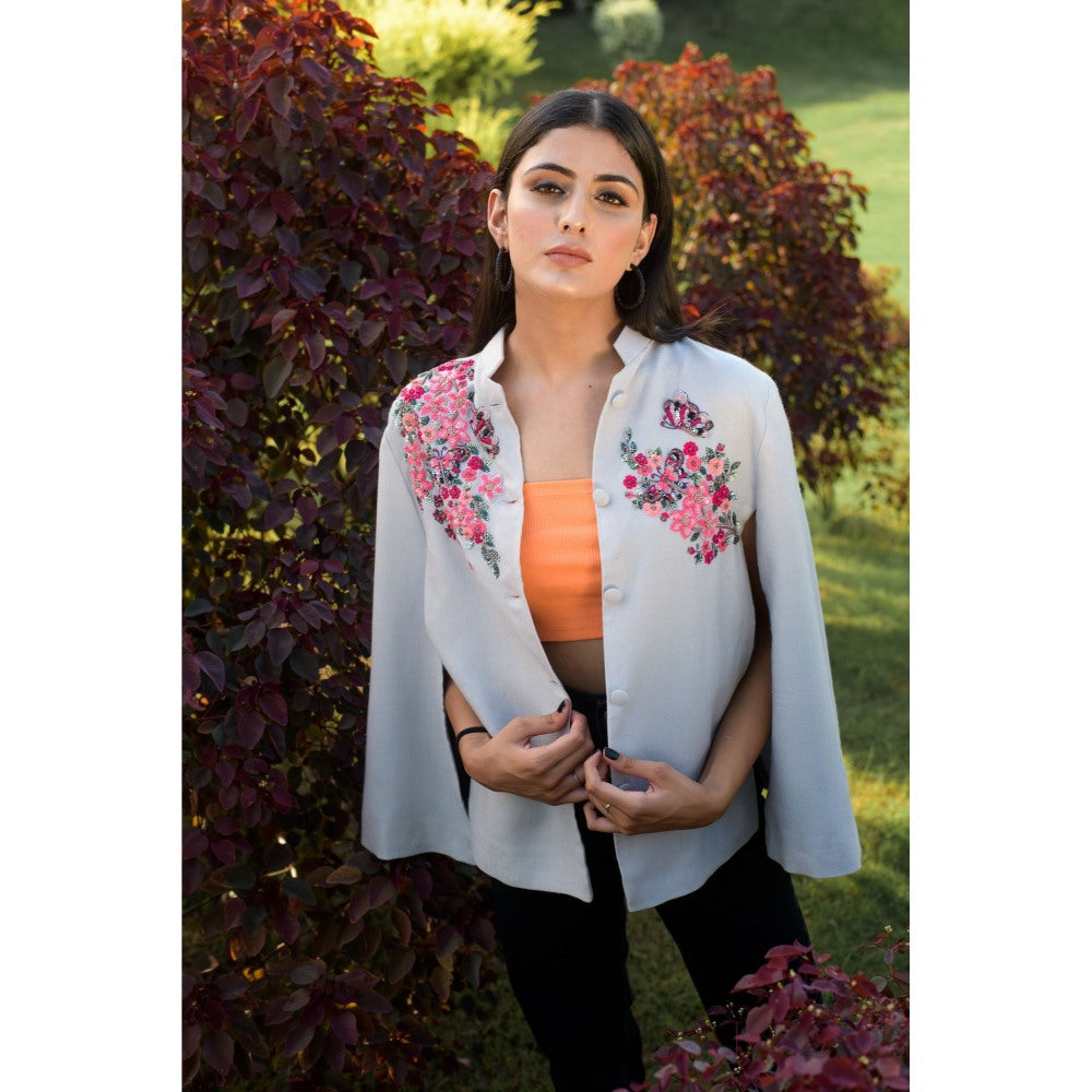 NEIZA Grey with Neon Fuchsia Butterfly Embroidery Cape