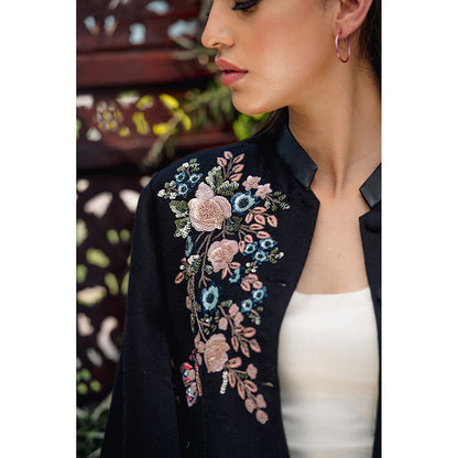 NEIZA Black with Navy and Pink Embroidery Cape