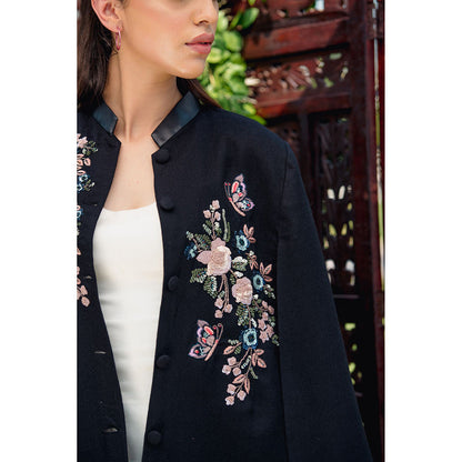 NEIZA Black with Navy and Pink Embroidery Cape