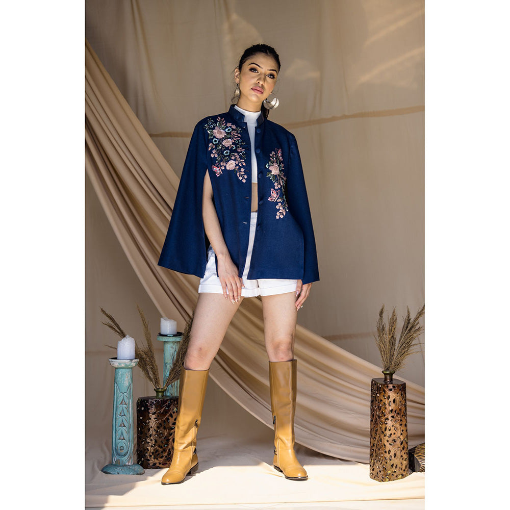 NEIZA Sky Blue with Navy and Pink Embroidery Cape