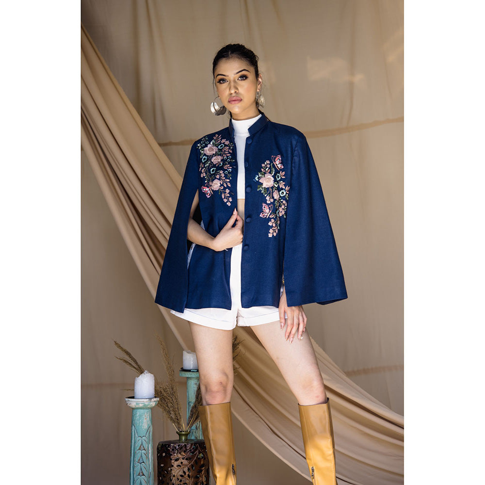 NEIZA Sky Blue with Navy and Pink Embroidery Cape