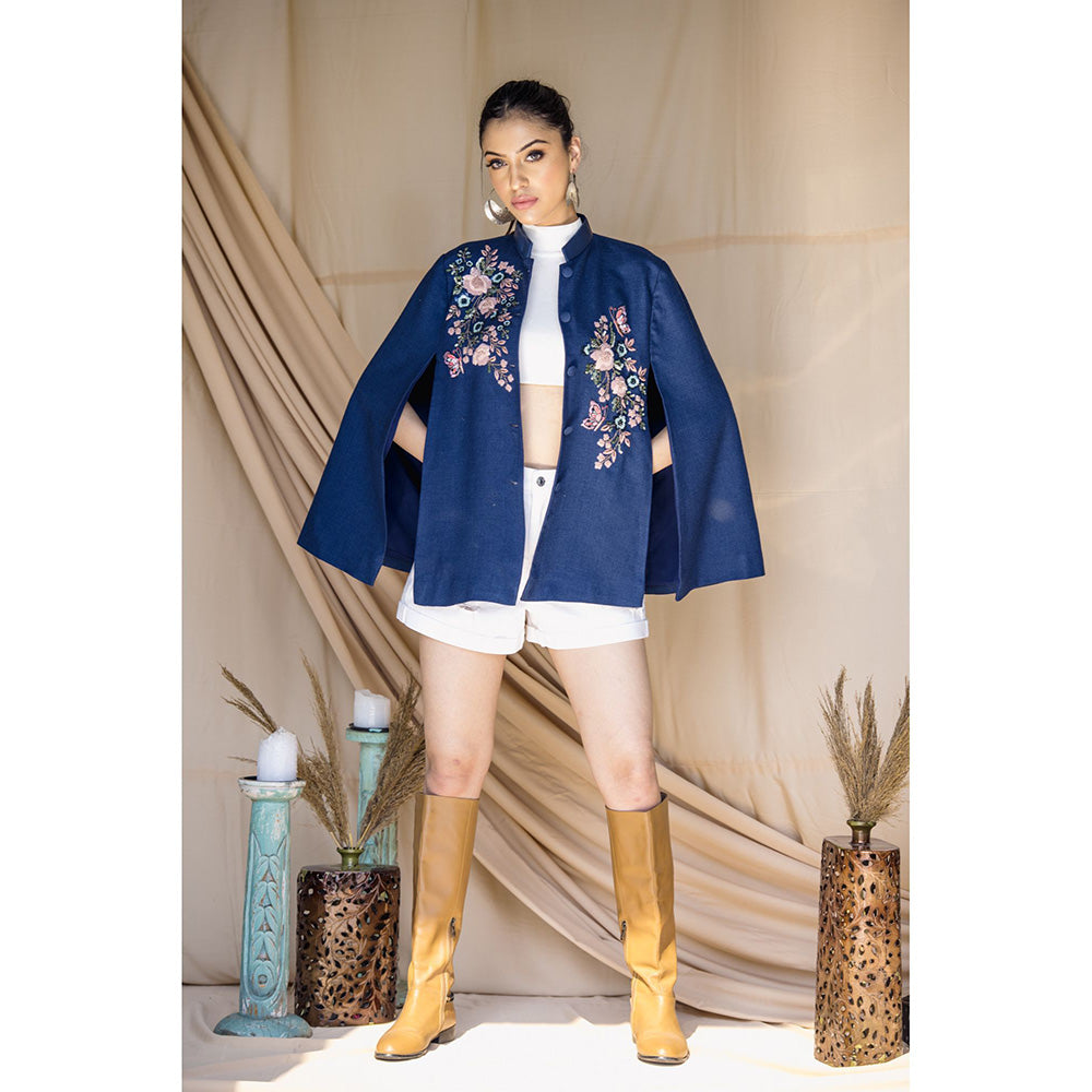 NEIZA Sky Blue with Navy and Pink Embroidery Cape
