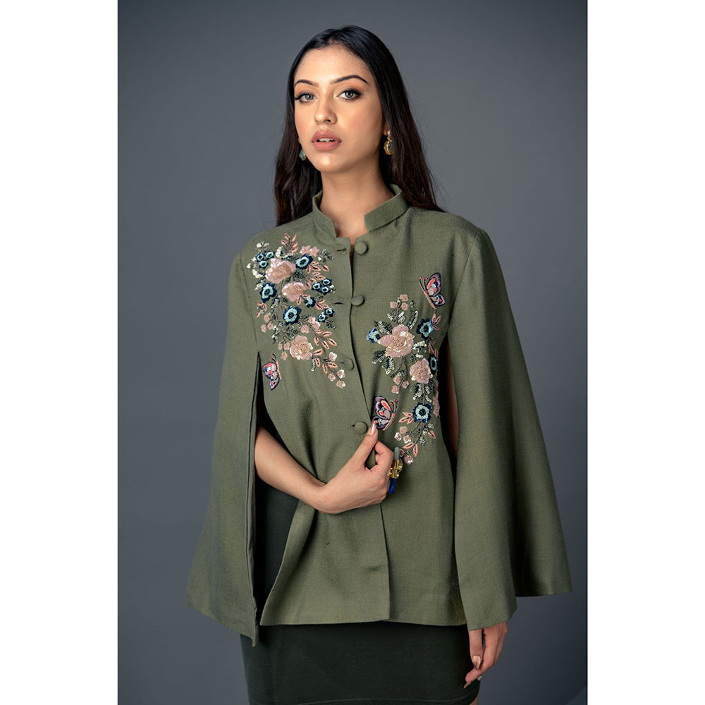 NEIZA Olive Green with Navy and Pink Embroidery Cape